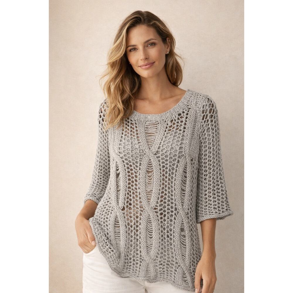 Calypso St. Barth Open Knit Chunky Sweater Gray L Coastal Boho Beachy Resort